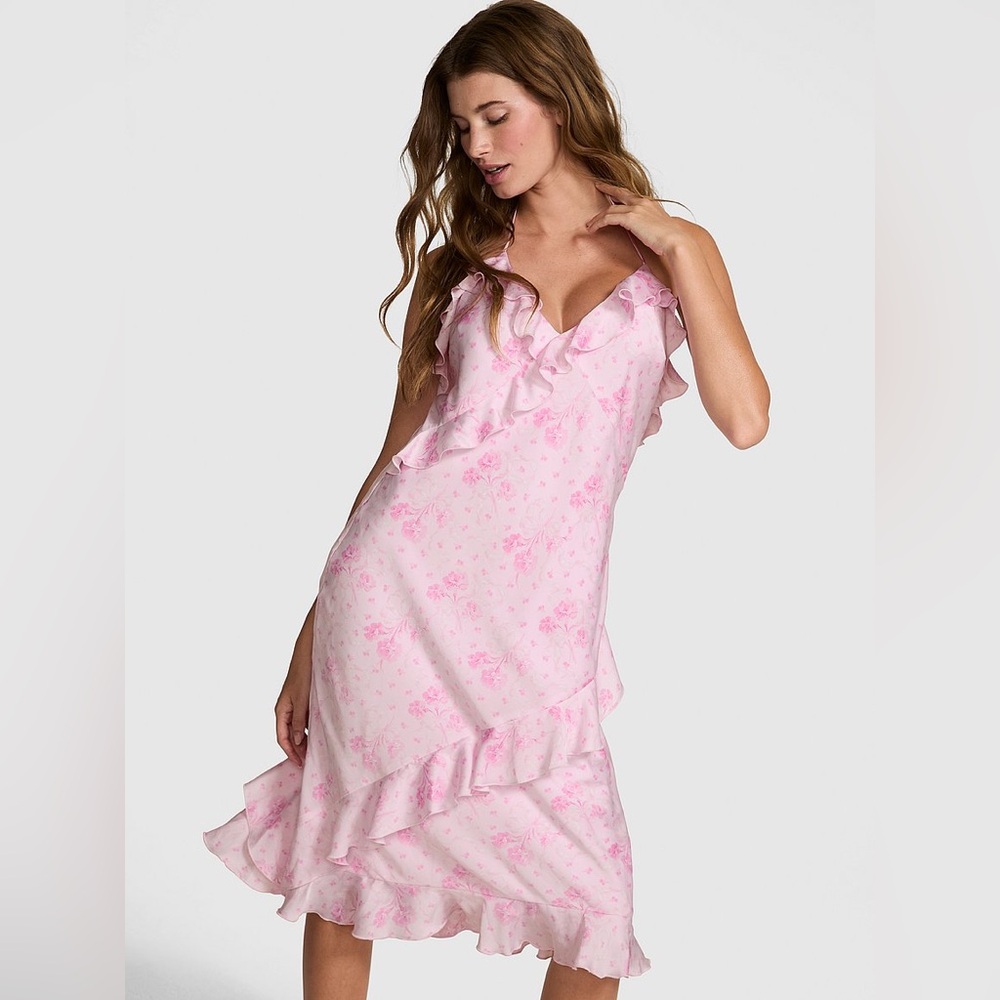NWT VICTORIA SECRET PINK X LOVESHACKFANCY SATIN RUFFLE floral MIDI DRESS
